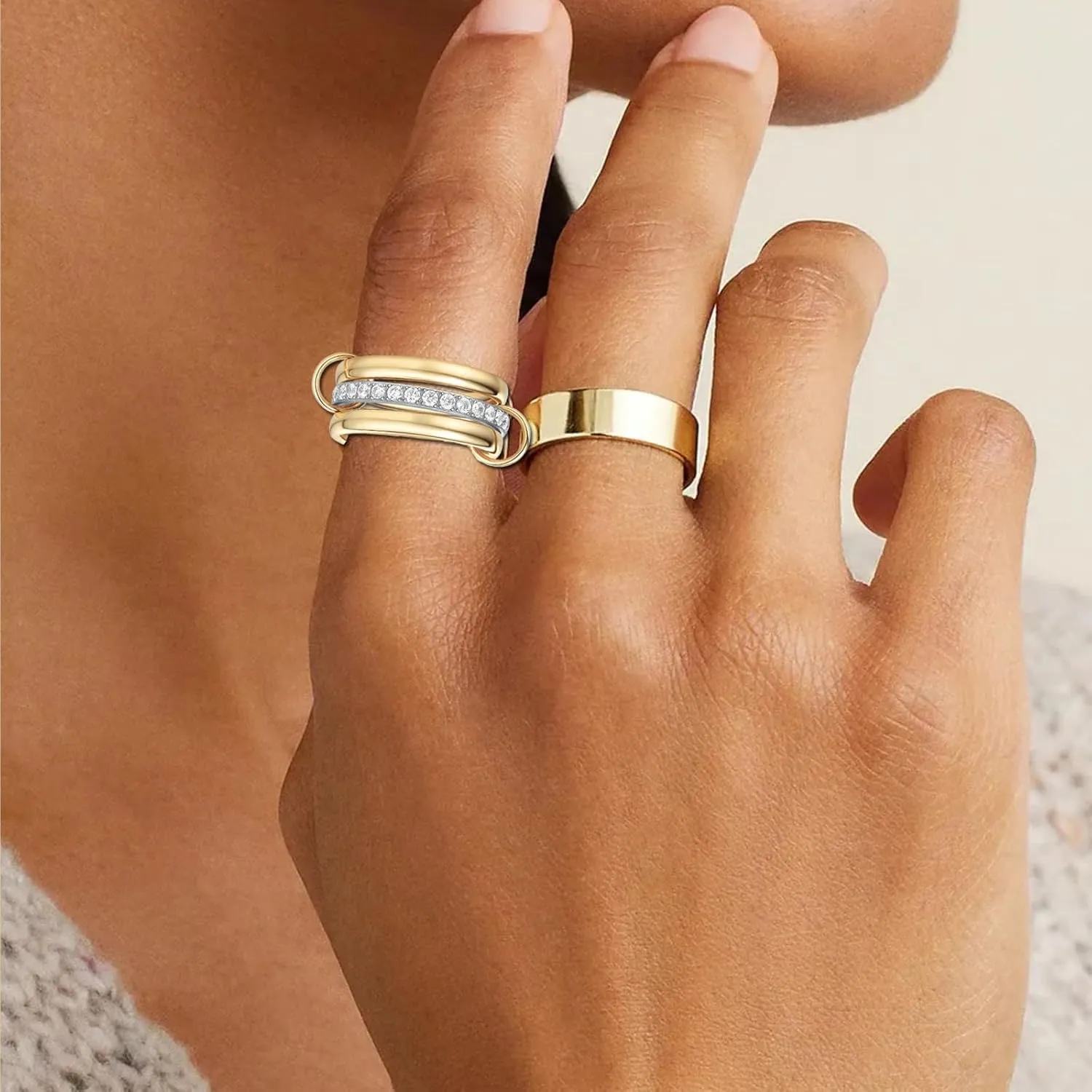 14k Gold Plated Stackable Rings for Women Non Tarnish, Cubic Zirconia Silver and Gold Stack Rings Set
