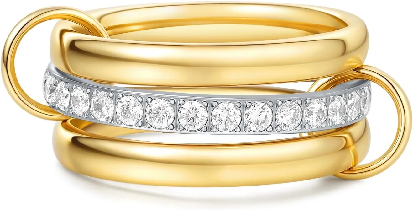 14k Gold Plated Stackable Rings for Women Non Tarnish, Cubic Zirconia Silver and Gold Stack Rings Set