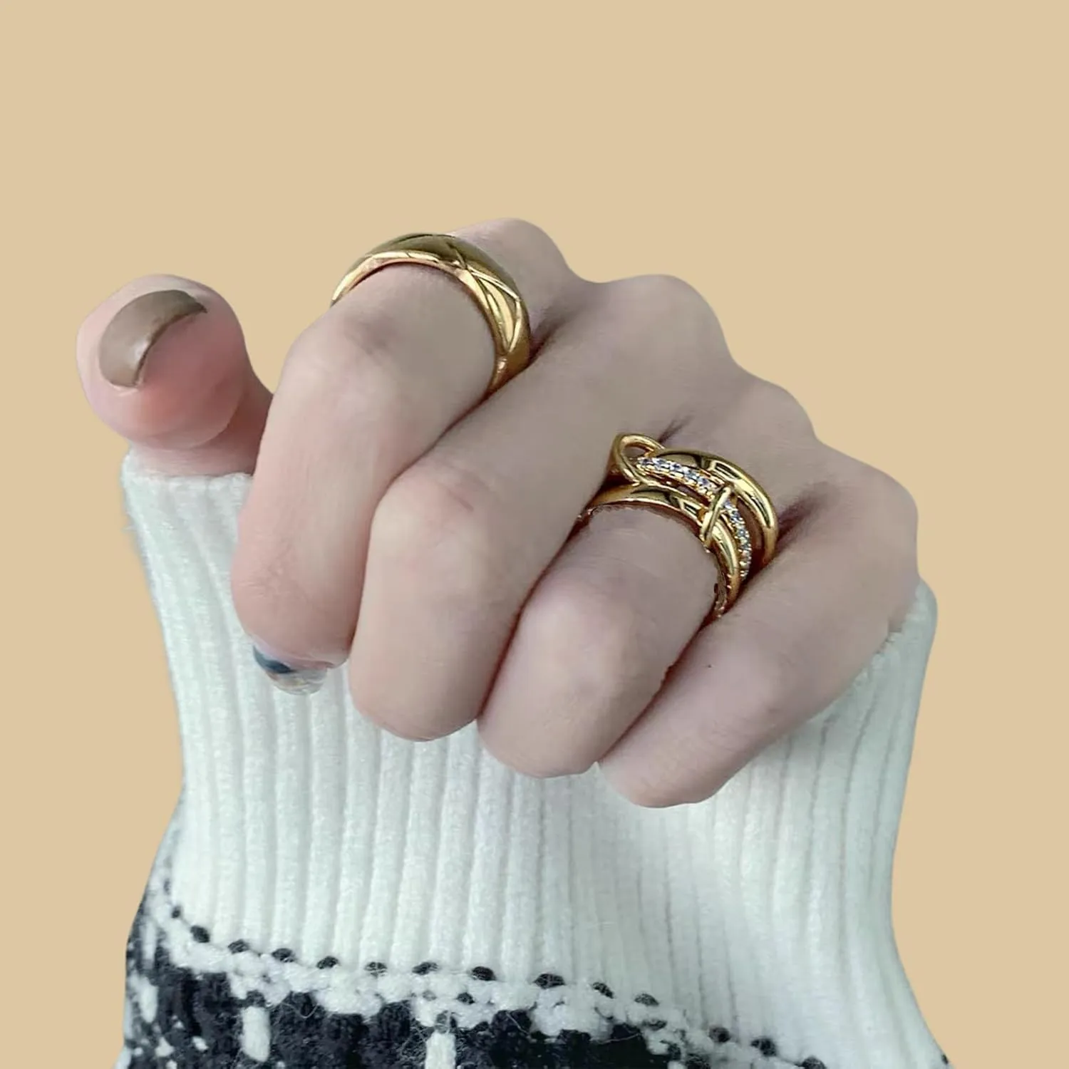 14k Gold Plated Stackable Rings for Women Non Tarnish, Cubic Zirconia Silver and Gold Stack Rings Set