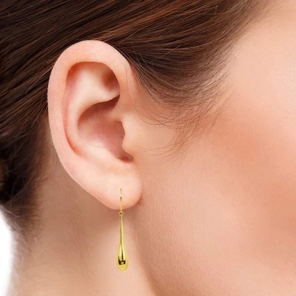 14k Yellow Gold Plain and Simple Teardrop Dangle Drop Earrings, 6mm