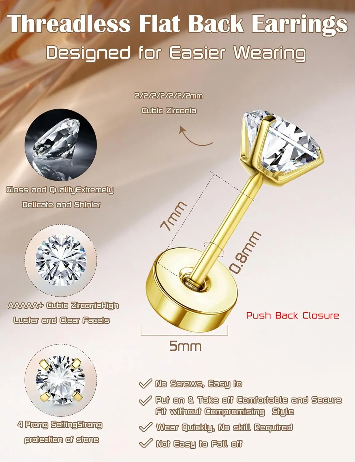 18K Gold Plated 5A Cubic Zirconia Threadless Flat Back Earrings Surgical Stainless Steel Simulated Diamond Earrings for Women Men Earrings Studs Dainty Push Pin Cartilage Earring Hypoallergenic