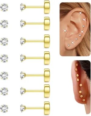 18K Gold Plated 5A Cubic Zirconia Threadless Flat Back Earrings Surgical Stainless Steel Simulated Diamond Earrings for Women Men Earrings Studs Dainty Push Pin Cartilage Earring Hypoallergenic