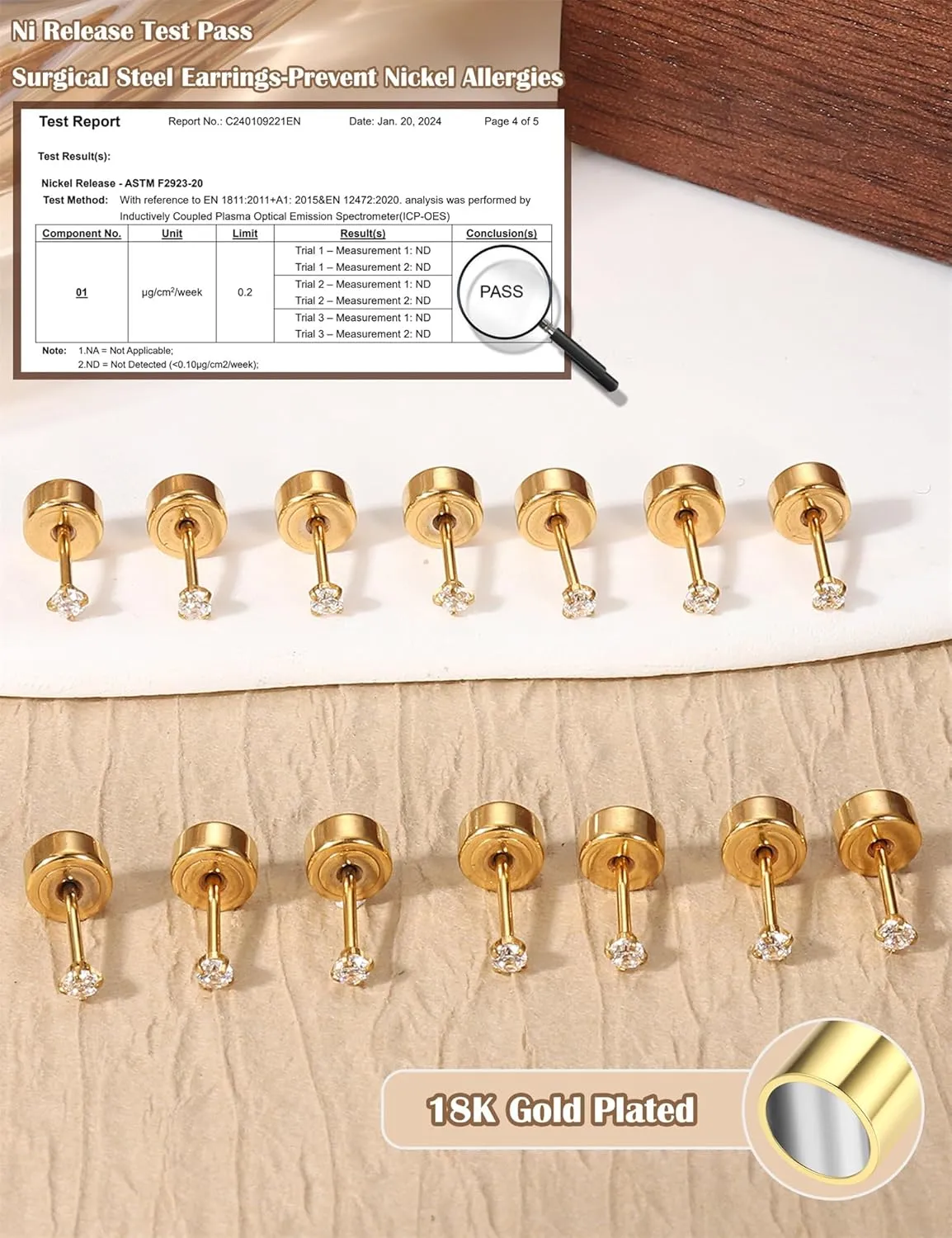 18K Gold Plated 5A Cubic Zirconia Threadless Flat Back Earrings Surgical Stainless Steel Simulated Diamond Earrings for Women Men Earrings Studs Dainty Push Pin Cartilage Earring Hypoallergenic