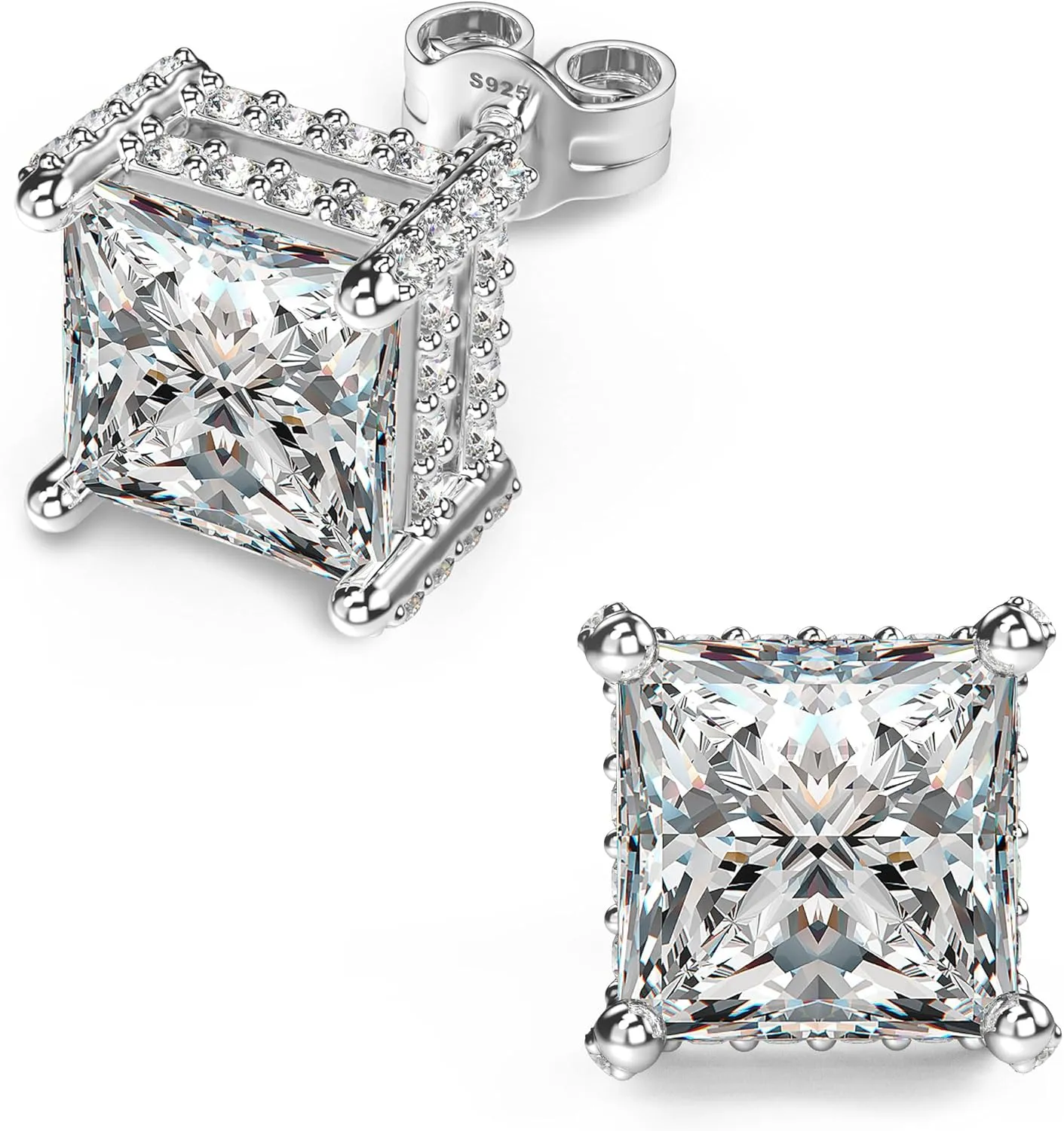 18K White Gold Plated Sterling Silver Pave Square Cubic Zirconia Stud Earrings 4 Prong Princess Cut CZ Simulated Diamond Stud Earrings for Men Women Hypoallergenic