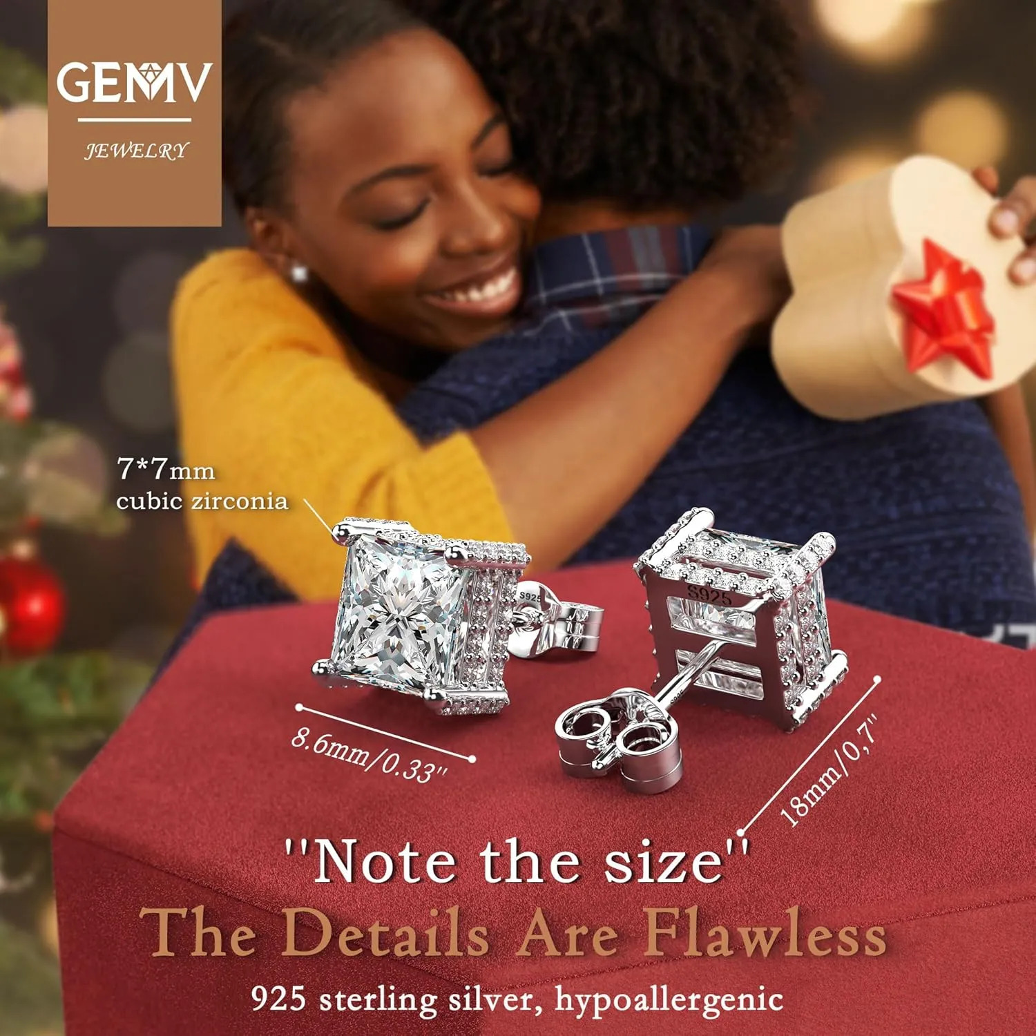 18K White Gold Plated Sterling Silver Pave Square Cubic Zirconia Stud Earrings 4 Prong Princess Cut CZ Simulated Diamond Stud Earrings for Men Women Hypoallergenic