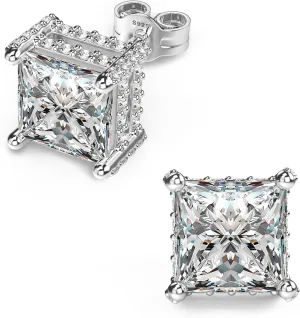 18K White Gold Plated Sterling Silver Pave Square Cubic Zirconia Stud Earrings 4 Prong Princess Cut CZ Simulated Diamond Stud Earrings for Men Women Hypoallergenic