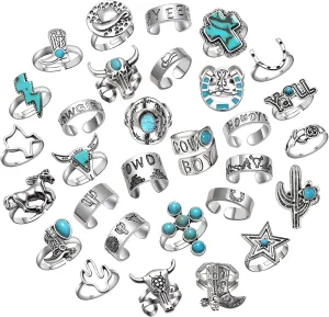 30Pcs Vintage Silver Knuckle Rings Set for Women Men Teen Girls, Western Cowgirl Cowboy Stackable Joint Finger Rings Retro Carved Stone Stacking Midi Adjustable Rings Bohemian Turquoise Boots Cross Cactus Cow Head Rings Pack