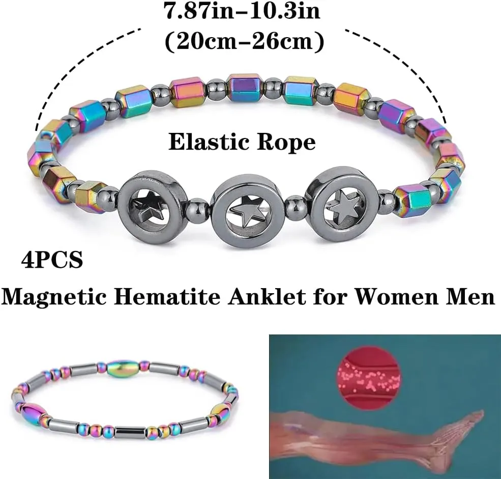 4pcs Hematite Anklet for Women Men - Stone Anxiety Relieve Circle Star Anklets