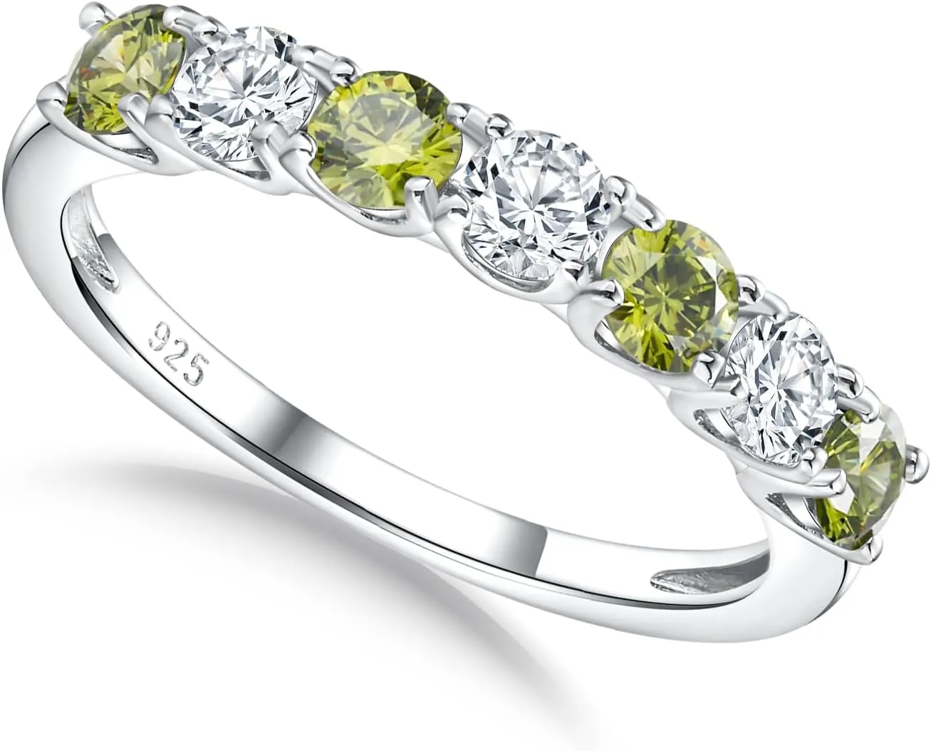 7 Stone Stackable Rings Sterling Silver Cubic Zirconia Birthstone Ring Half Eternity Band Rings for Women, Size 6 to 10, with Ring Box