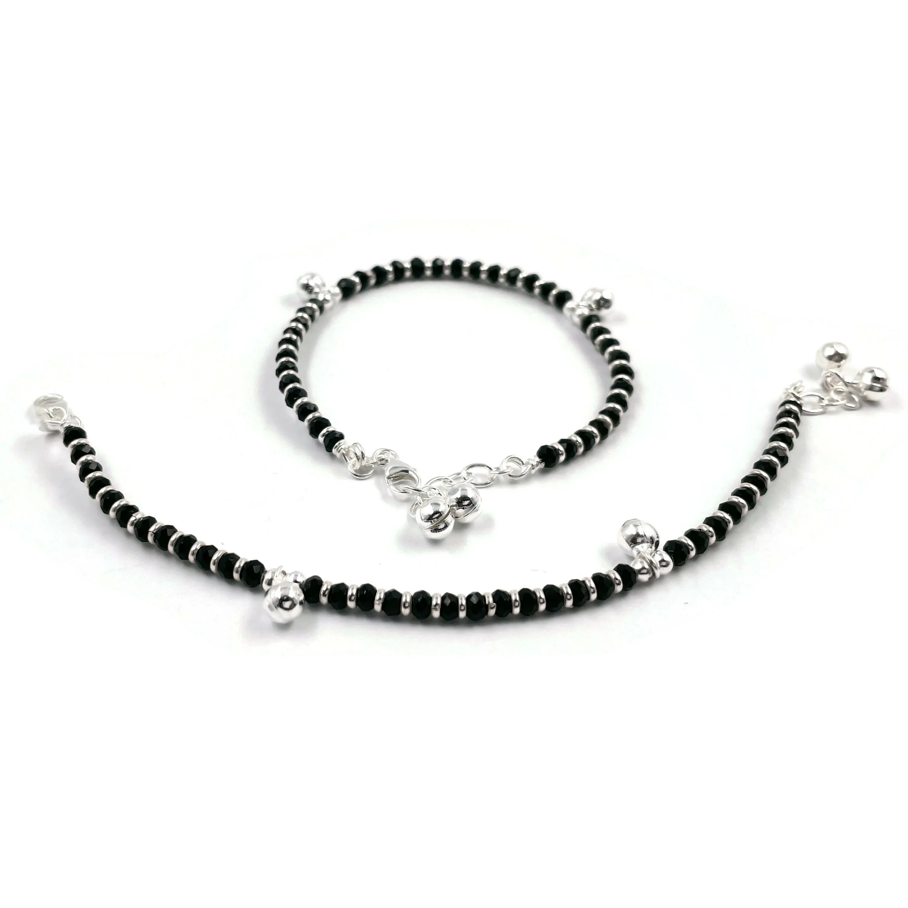 925 Sterling Silver Kids Black Beads Najariya Anklet - Style#02