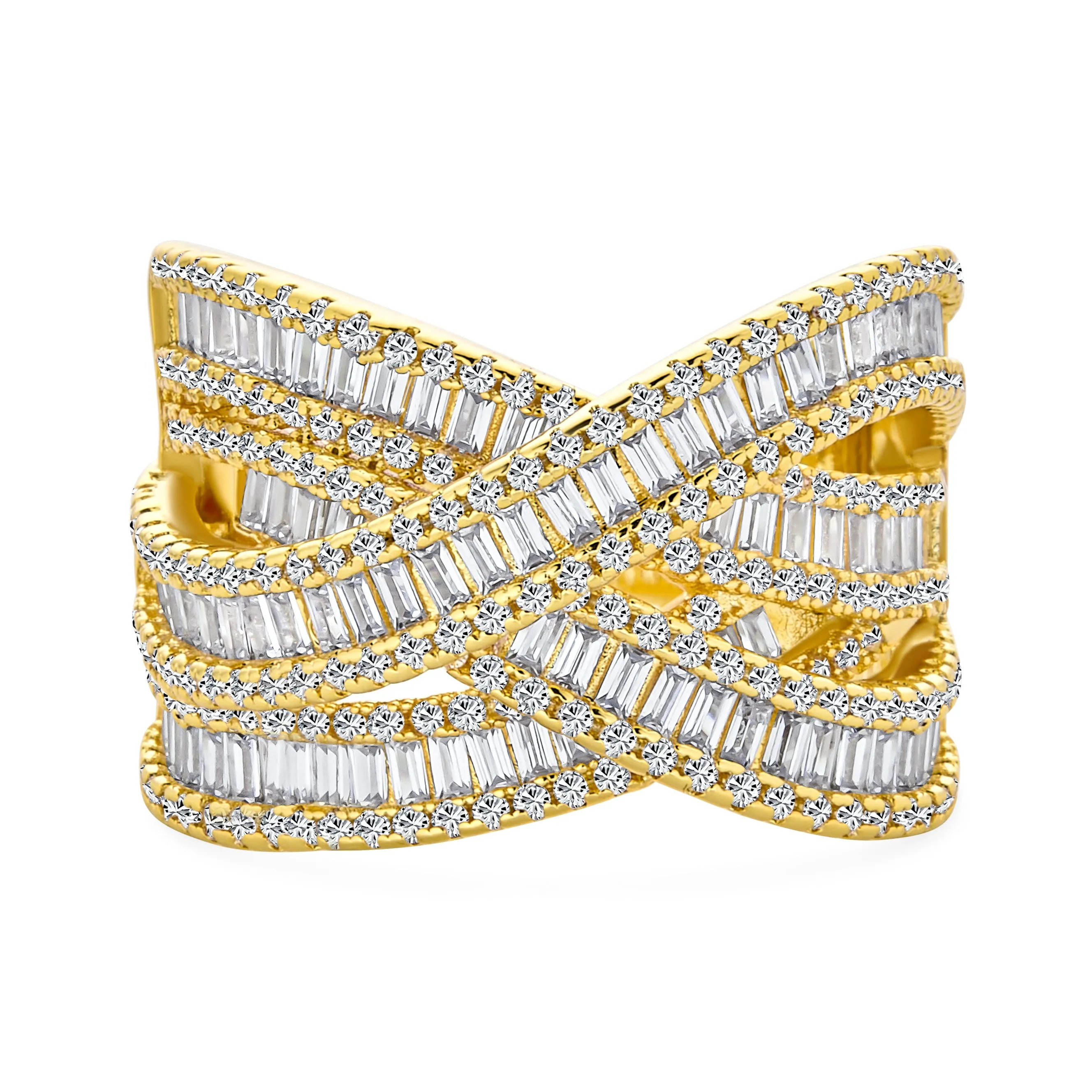 Art Deco CZ Baguette Criss Cross Eternity Multi Band Ring Silver Plated