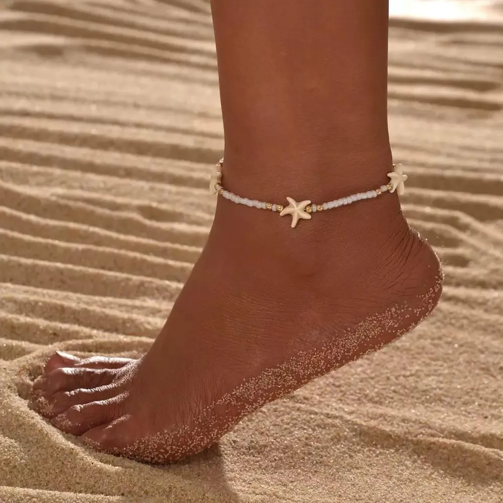 Boho Bead Anklets Barefoot Sandals Adjustable Link Anklet Multilayerd Ankle Bracelate Elastic Stretch Summer Beach Foot Chain Vacation Gift For Women Friendship