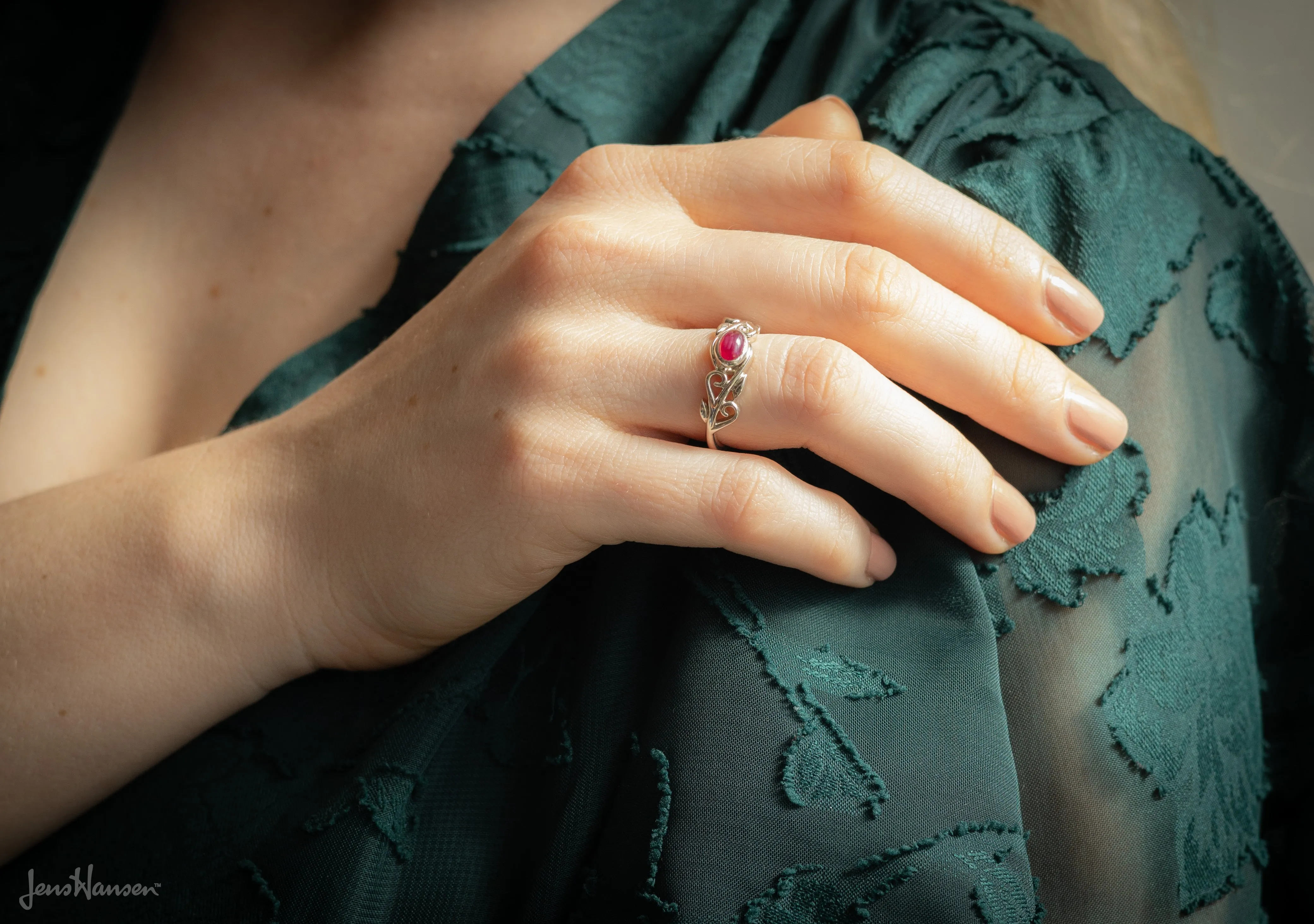 Cabochon Precious Gemstone Elvish Vine Ring, White Gold & Platinum