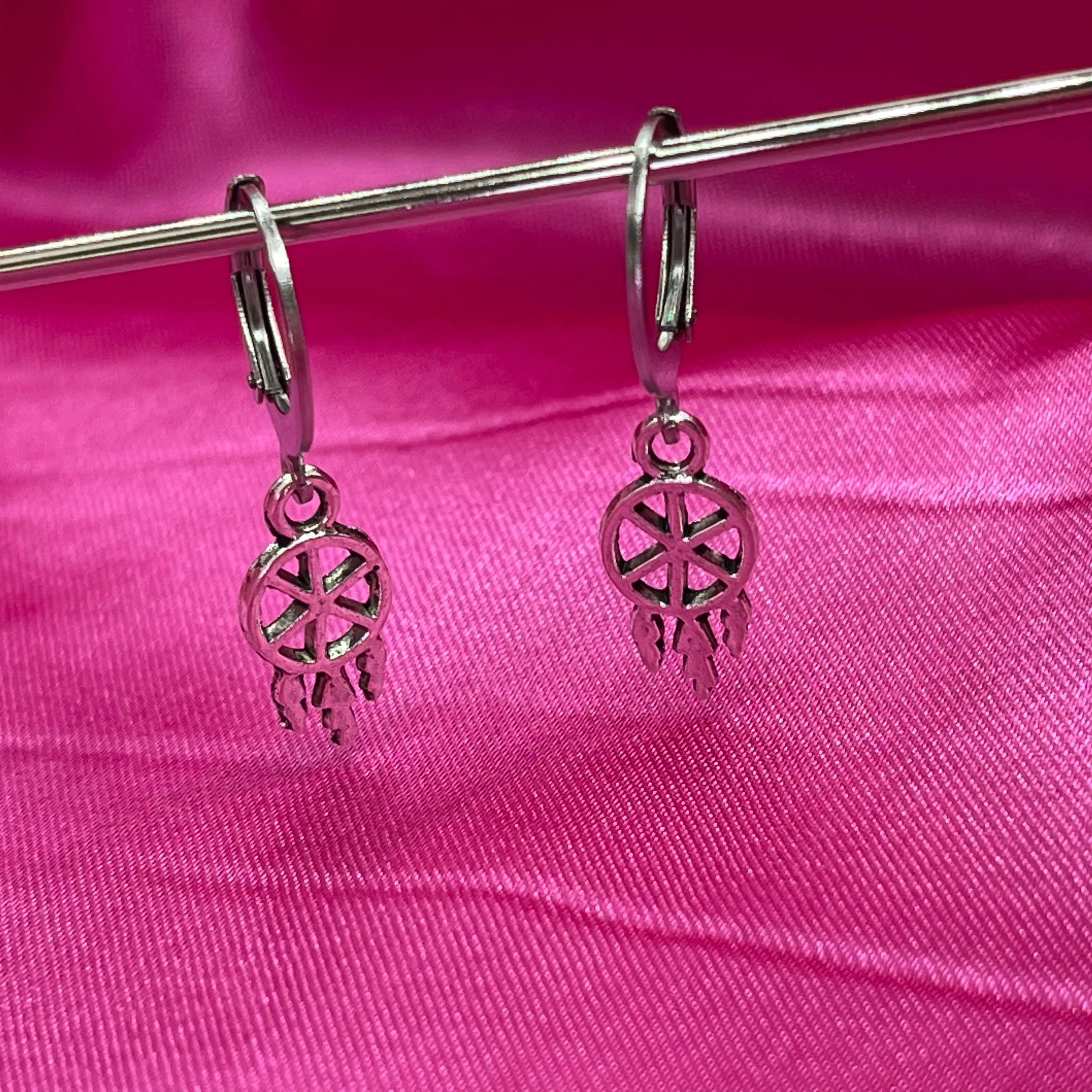 Dainty Silver Dreamcatcher Huggie Hoop Earrings