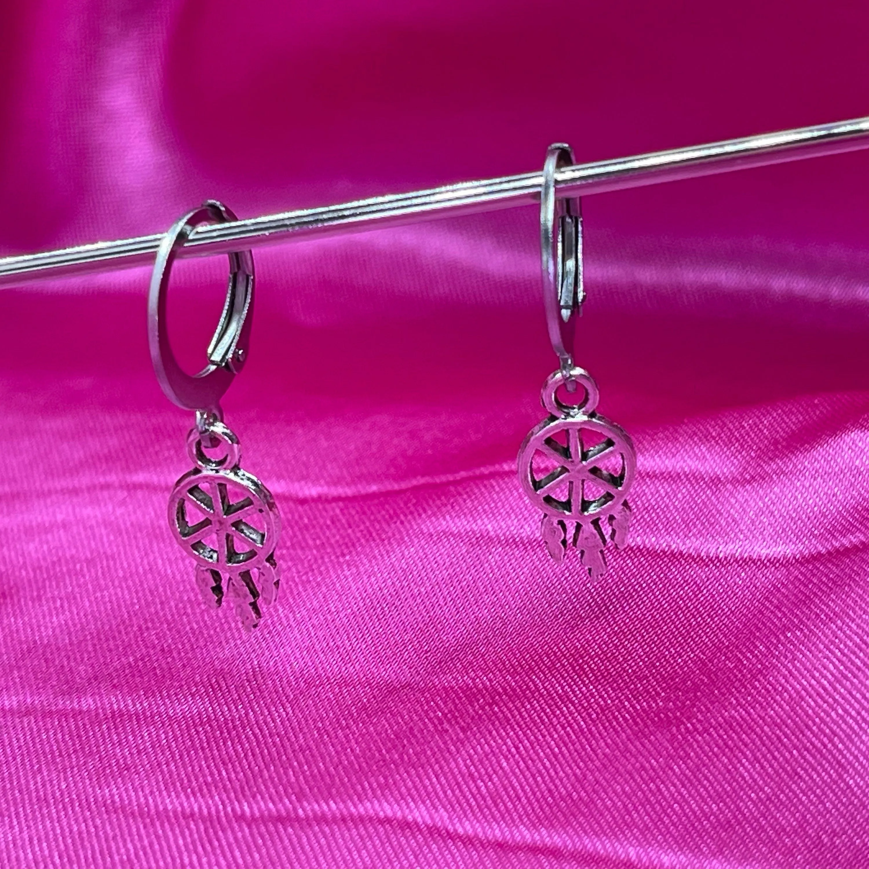 Dainty Silver Dreamcatcher Huggie Hoop Earrings