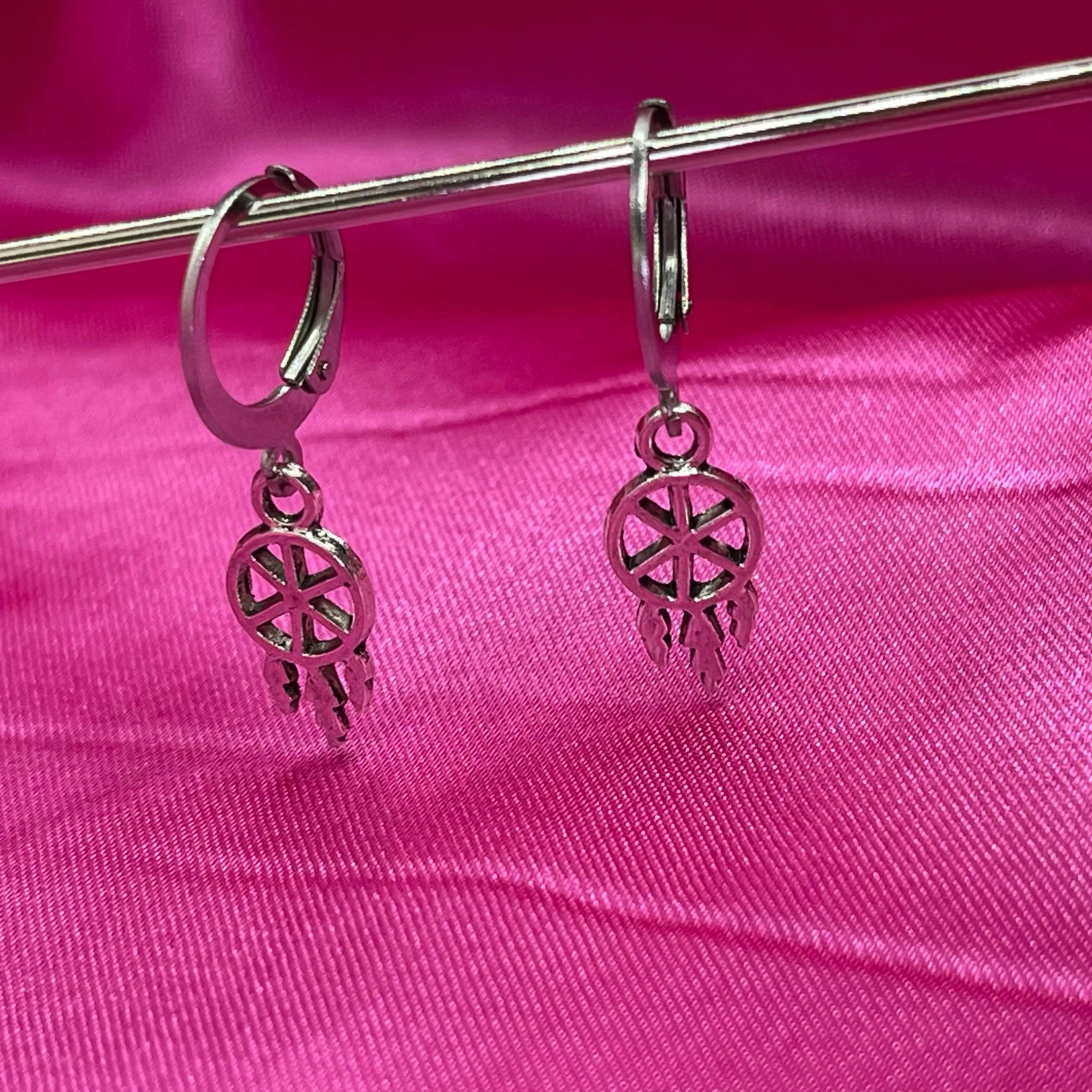 Dainty Silver Dreamcatcher Huggie Hoop Earrings