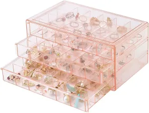 Earring Organizer Box Acrylic Stackable Jewelry Organizer with 3 Drawers 72 Small Compartments Clear Jewelry Display Stand for Stud Earring Ring Pin Display (Pink)
