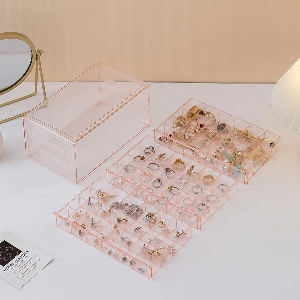 Earring Organizer Box Acrylic Stackable Jewelry Organizer with 3 Drawers 72 Small Compartments Clear Jewelry Display Stand for Stud Earring Ring Pin Display (Pink)