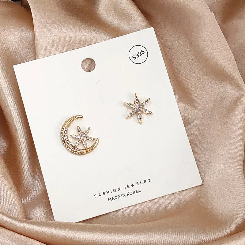 Fashion Moon Star Asymmetric Zircon Atmospheric Simple Earrings