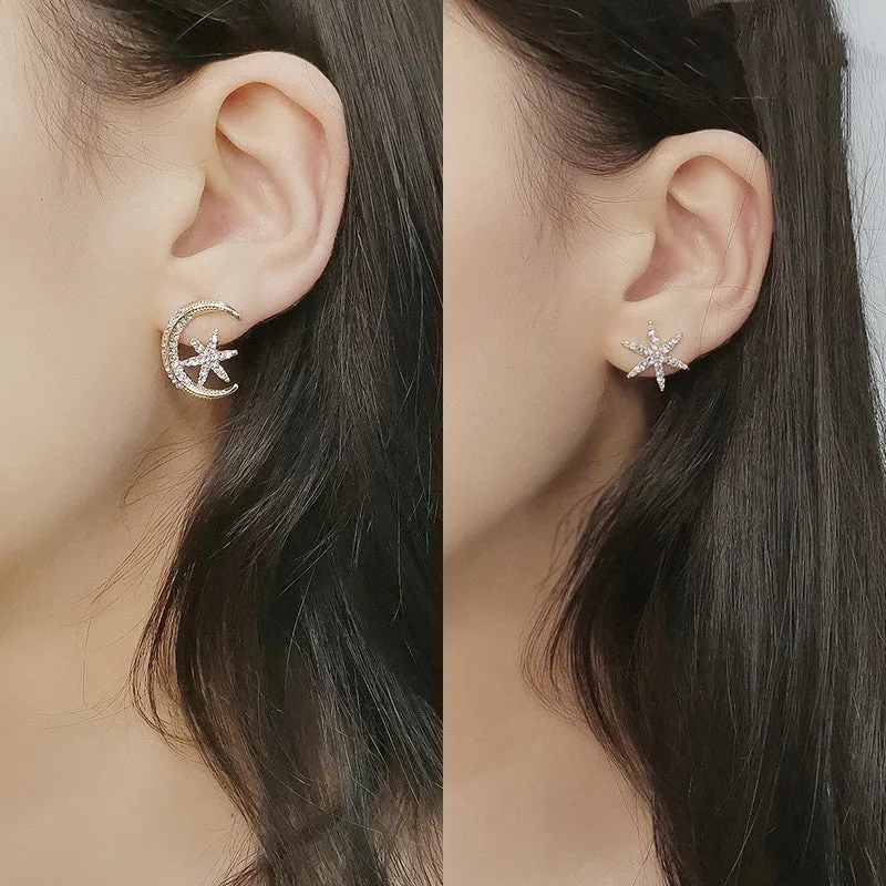Fashion Moon Star Asymmetric Zircon Atmospheric Simple Earrings