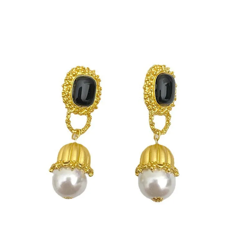 French Retro Long Pearl Drop Earrings | Gold Metal Jewelry | Elegant Vintage Style