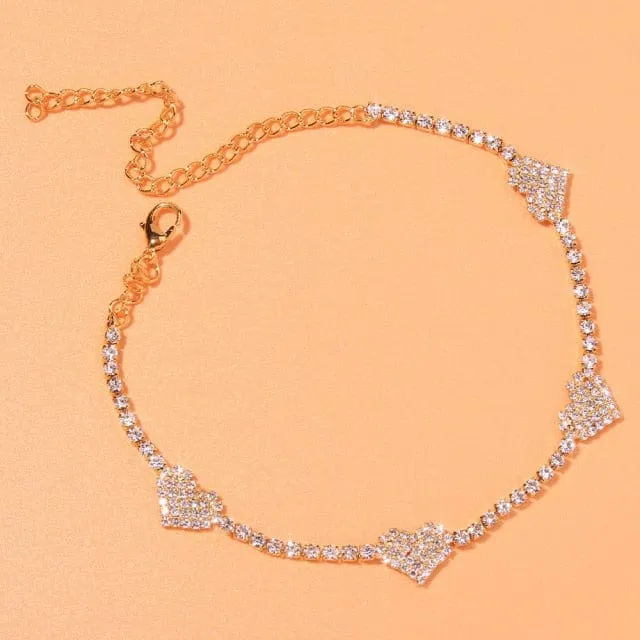 Heart Shaped Rhinestone Anklets Gold Or Silver