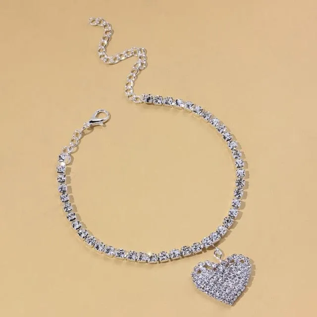 Heart Shaped Rhinestone Anklets Gold Or Silver