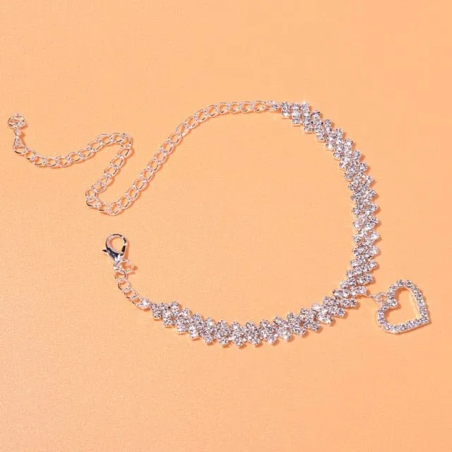 Heart Shaped Rhinestone Anklets Gold Or Silver