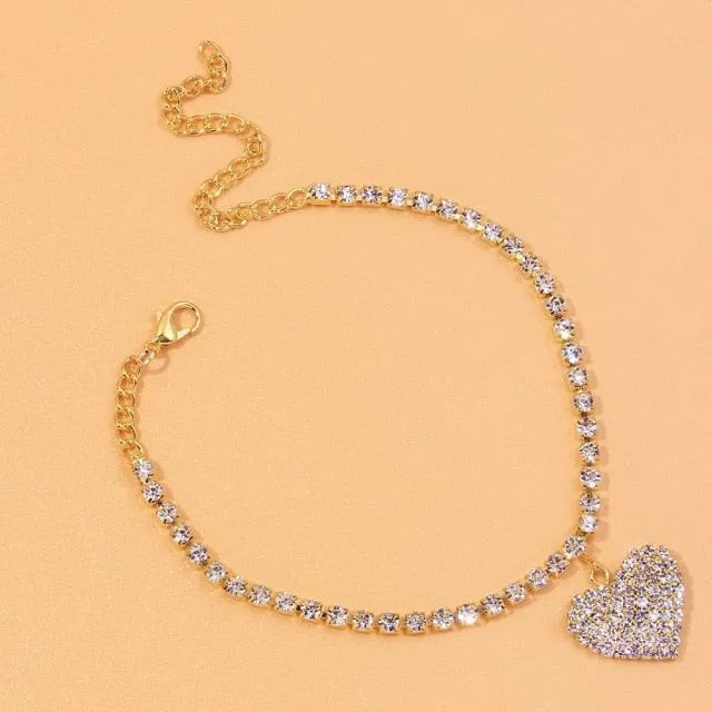 Heart Shaped Rhinestone Anklets Gold Or Silver