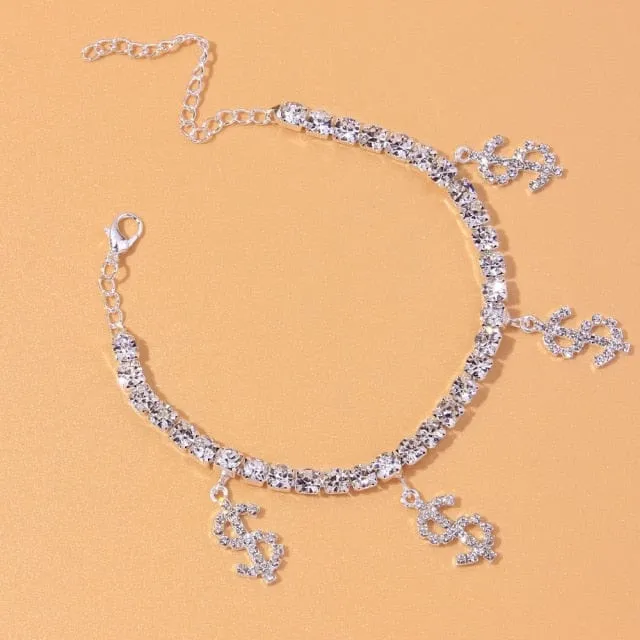Heart Shaped Rhinestone Anklets Gold Or Silver