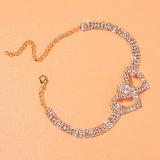 Heart Shaped Rhinestone Anklets Gold Or Silver
