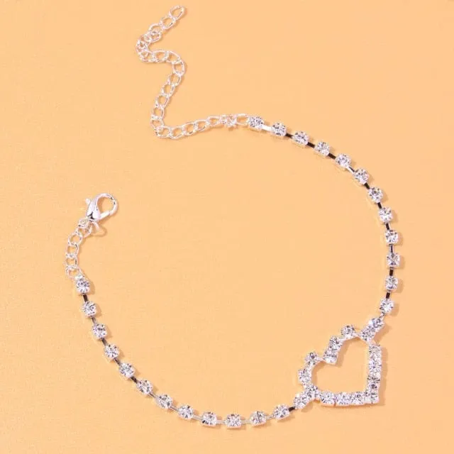 Heart Shaped Rhinestone Anklets Gold Or Silver