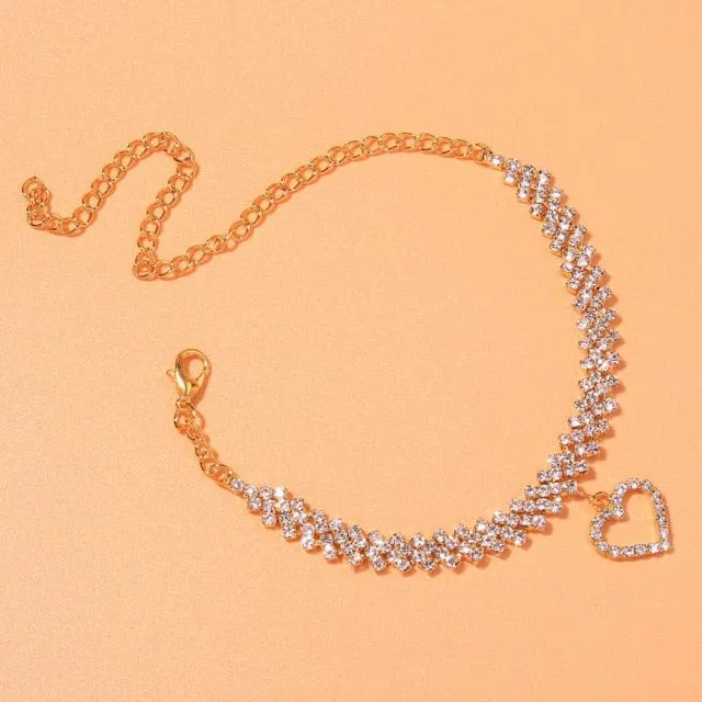 Heart Shaped Rhinestone Anklets Gold Or Silver