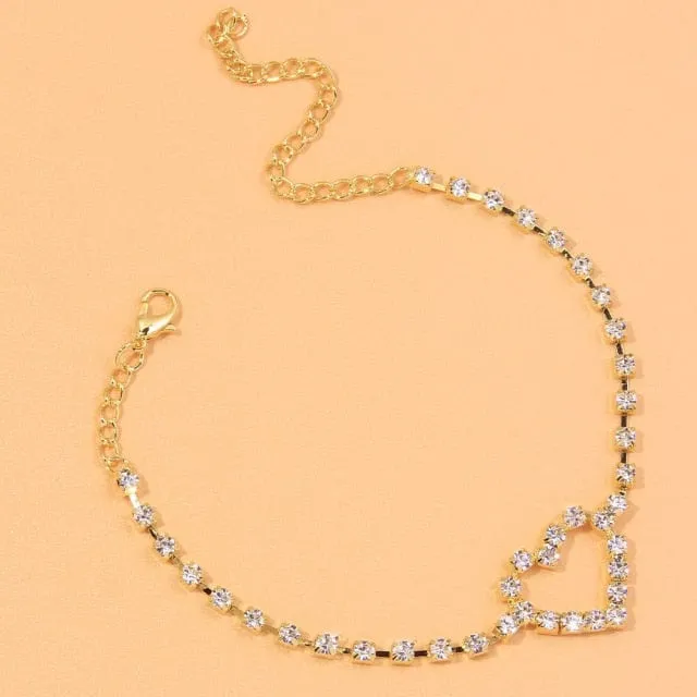 Heart Shaped Rhinestone Anklets Gold Or Silver
