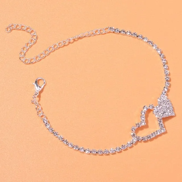 Heart Shaped Rhinestone Anklets Gold Or Silver