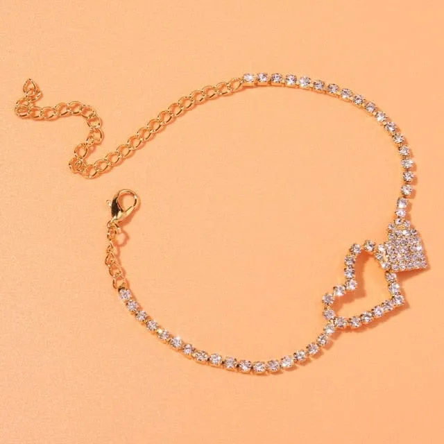Heart Shaped Rhinestone Anklets Gold Or Silver