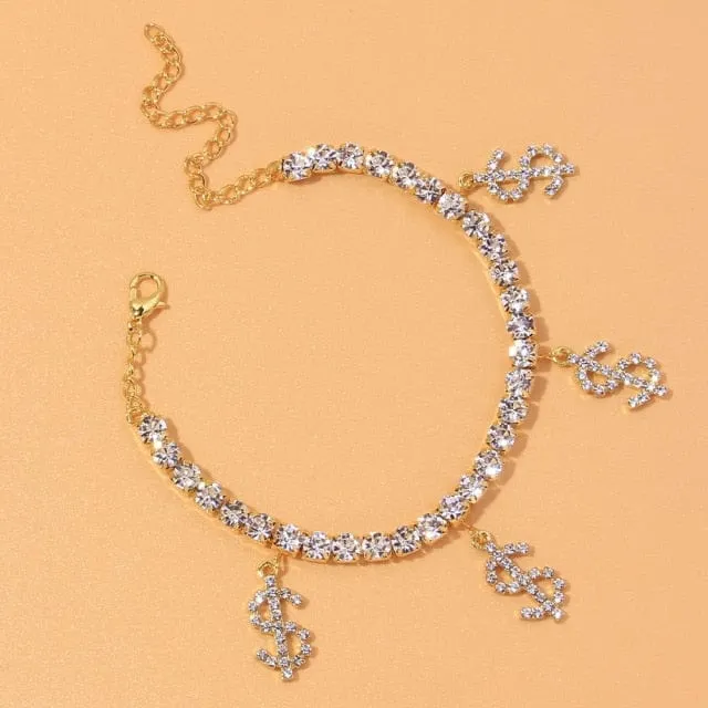 Heart Shaped Rhinestone Anklets Gold Or Silver