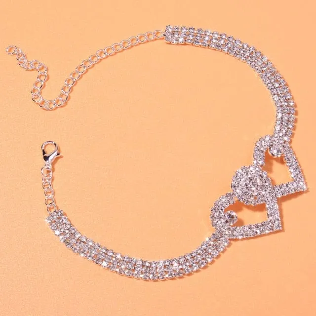 Heart Shaped Rhinestone Anklets Gold Or Silver