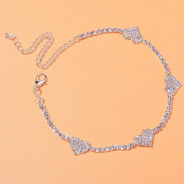 Heart Shaped Rhinestone Anklets Gold Or Silver