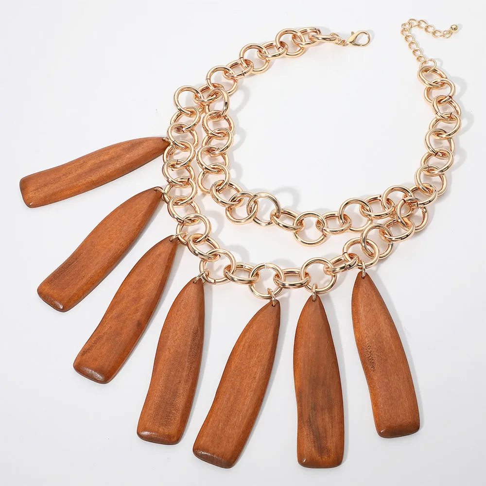 iLLASPARKZ Chunky Wooden Charm Station Layered Statement Necklace
