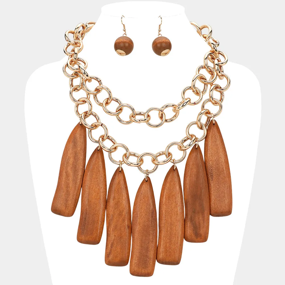 iLLASPARKZ Chunky Wooden Charm Station Layered Statement Necklace
