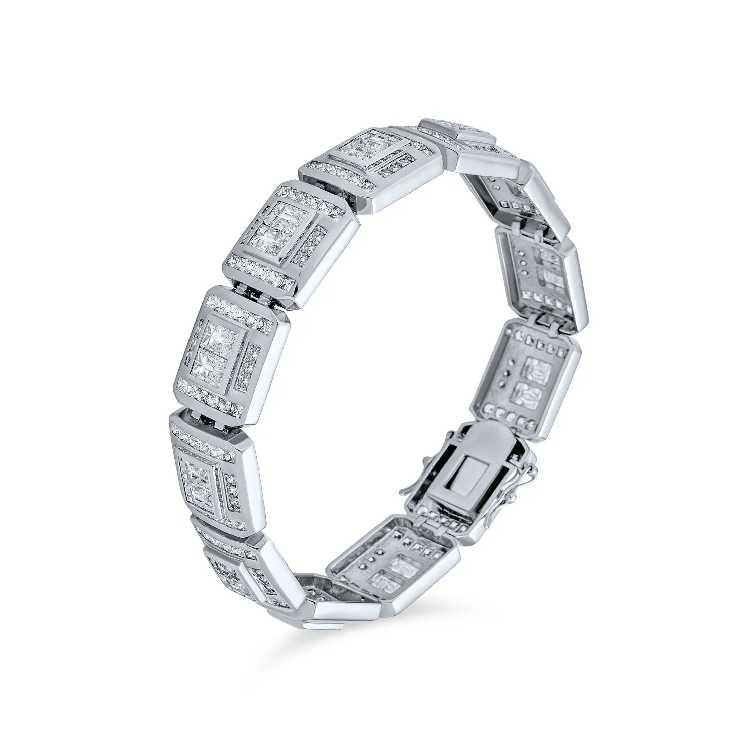 Men's Iced Out Chain Link Bracelet with CZ Cubic Zirconia Silver Plated