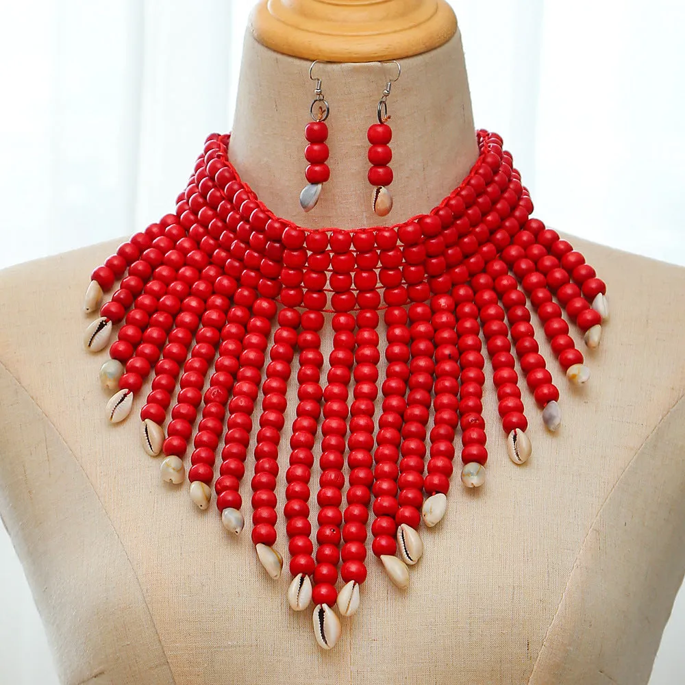 Seashell and Wooden Bead Collarbone Necklace Set, Ethnic Amazon Source, Savanna Rhythms Collection