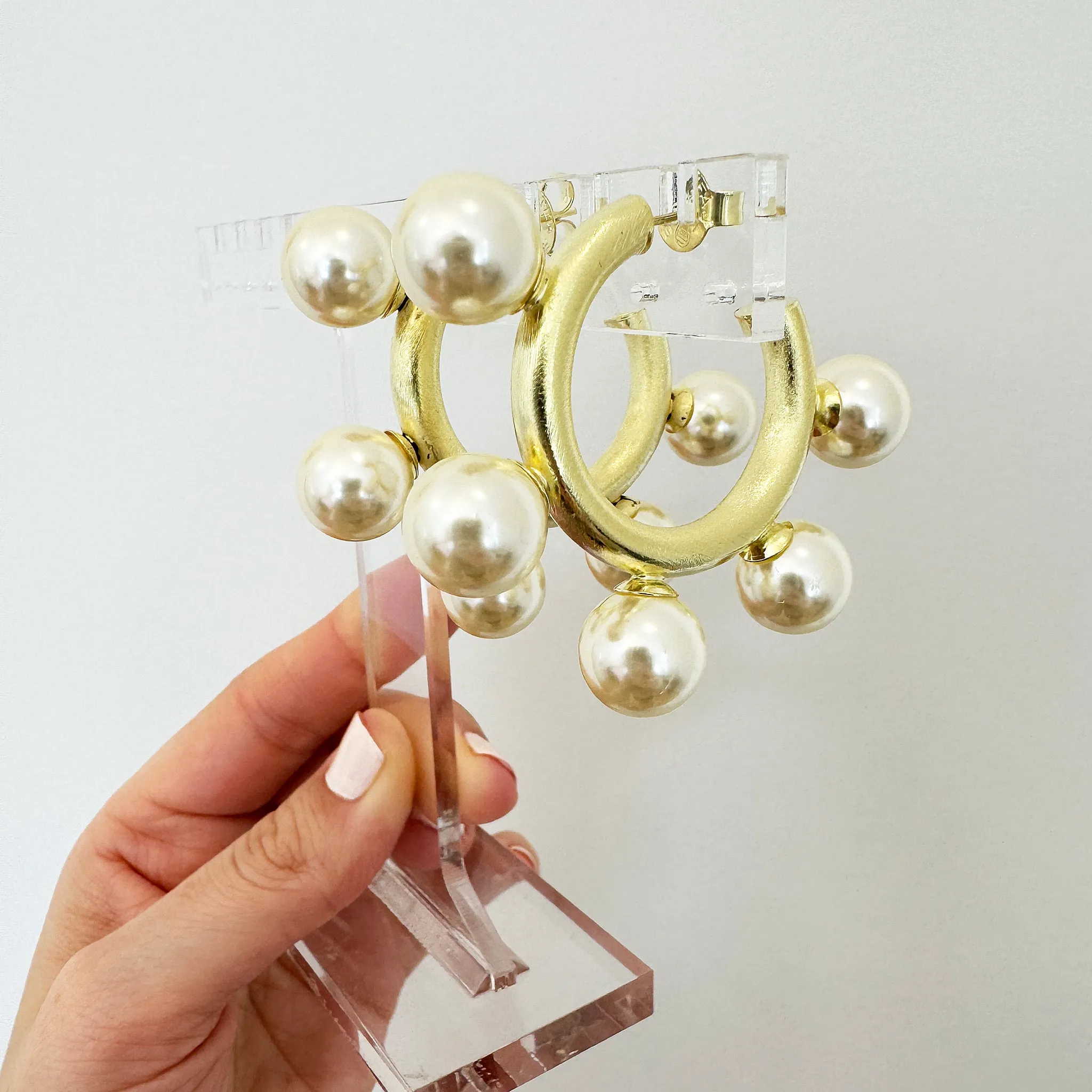 Sheila Fajl Gio Large Pearl Statement Hoop Earrings in Brushed Gold Plated