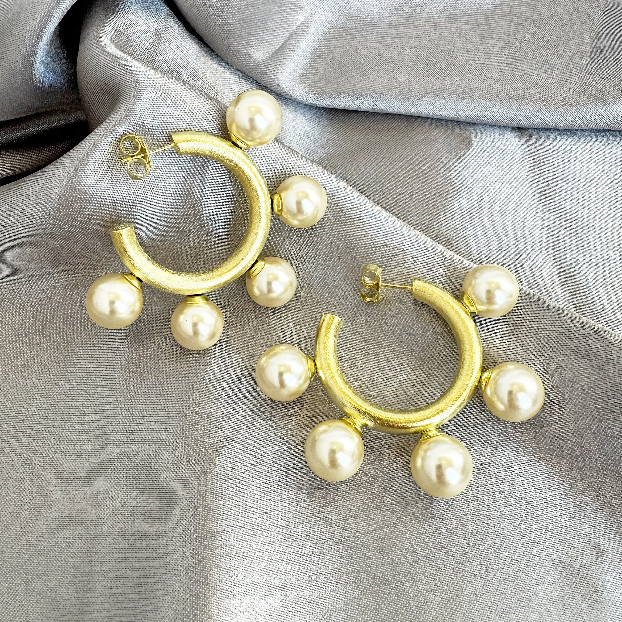 Sheila Fajl Gio Large Pearl Statement Hoop Earrings in Brushed Gold Plated