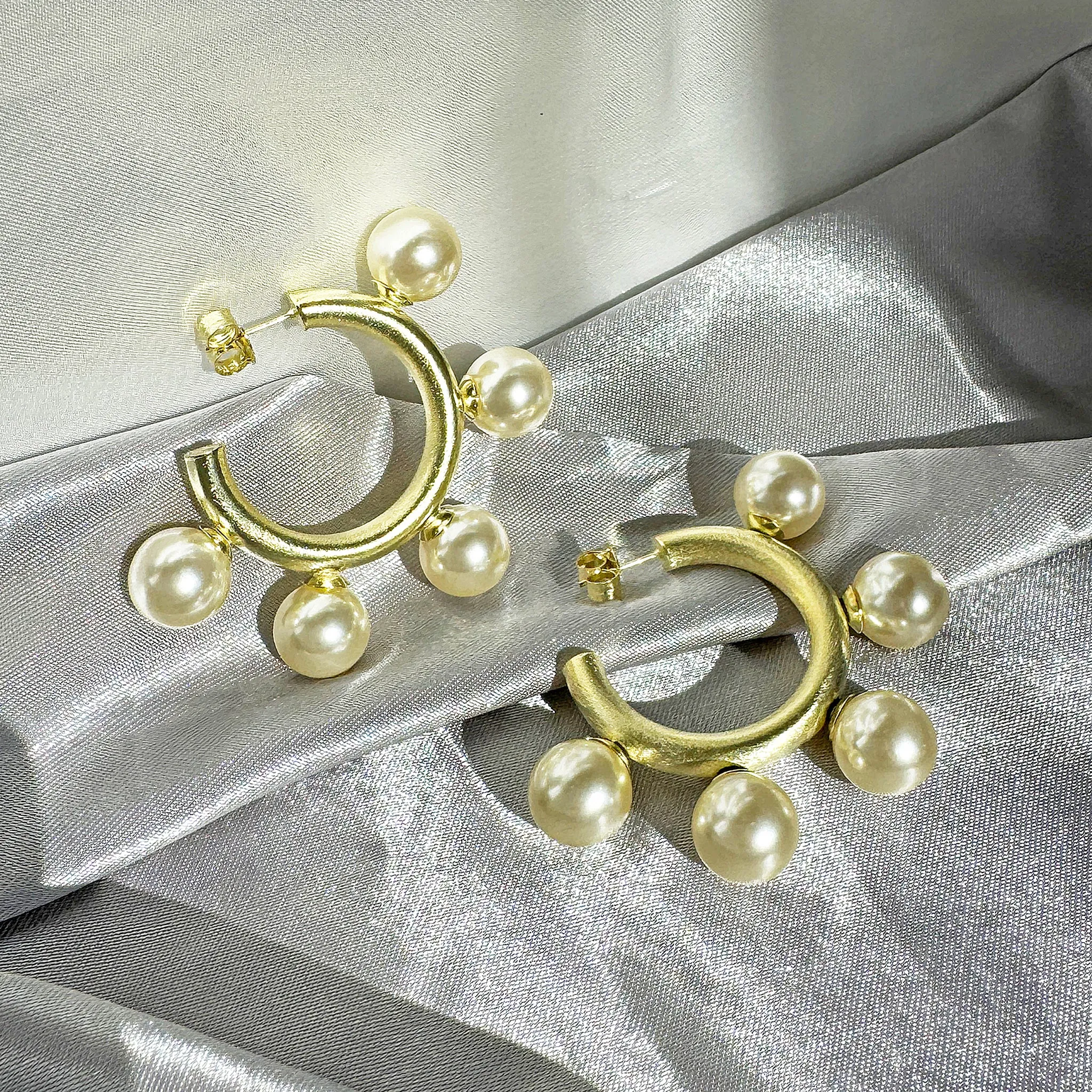Sheila Fajl Gio Large Pearl Statement Hoop Earrings in Brushed Gold Plated