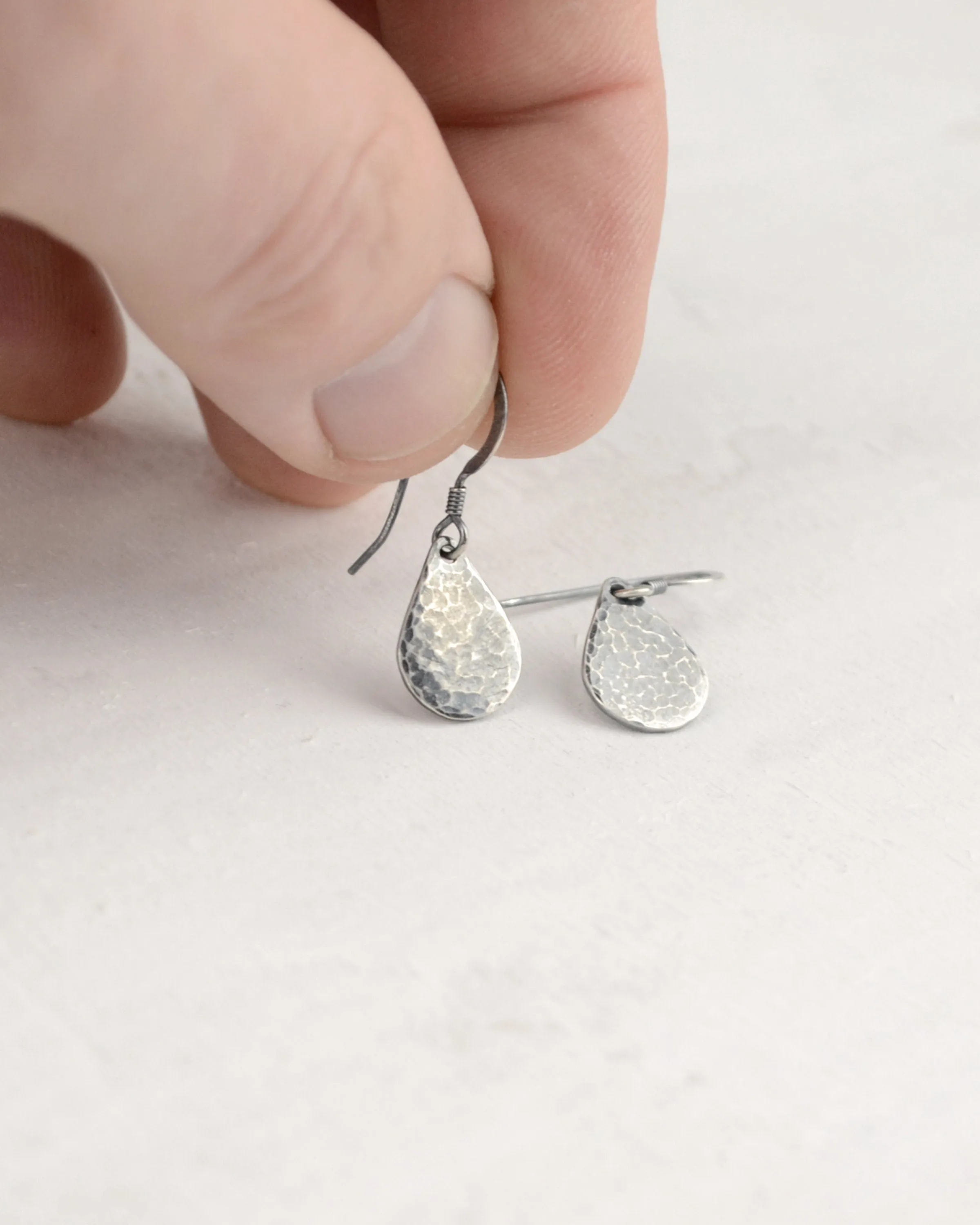 Simple oxidised silver hammered teardrop earrings, raw sterling silver, minimalist earrings