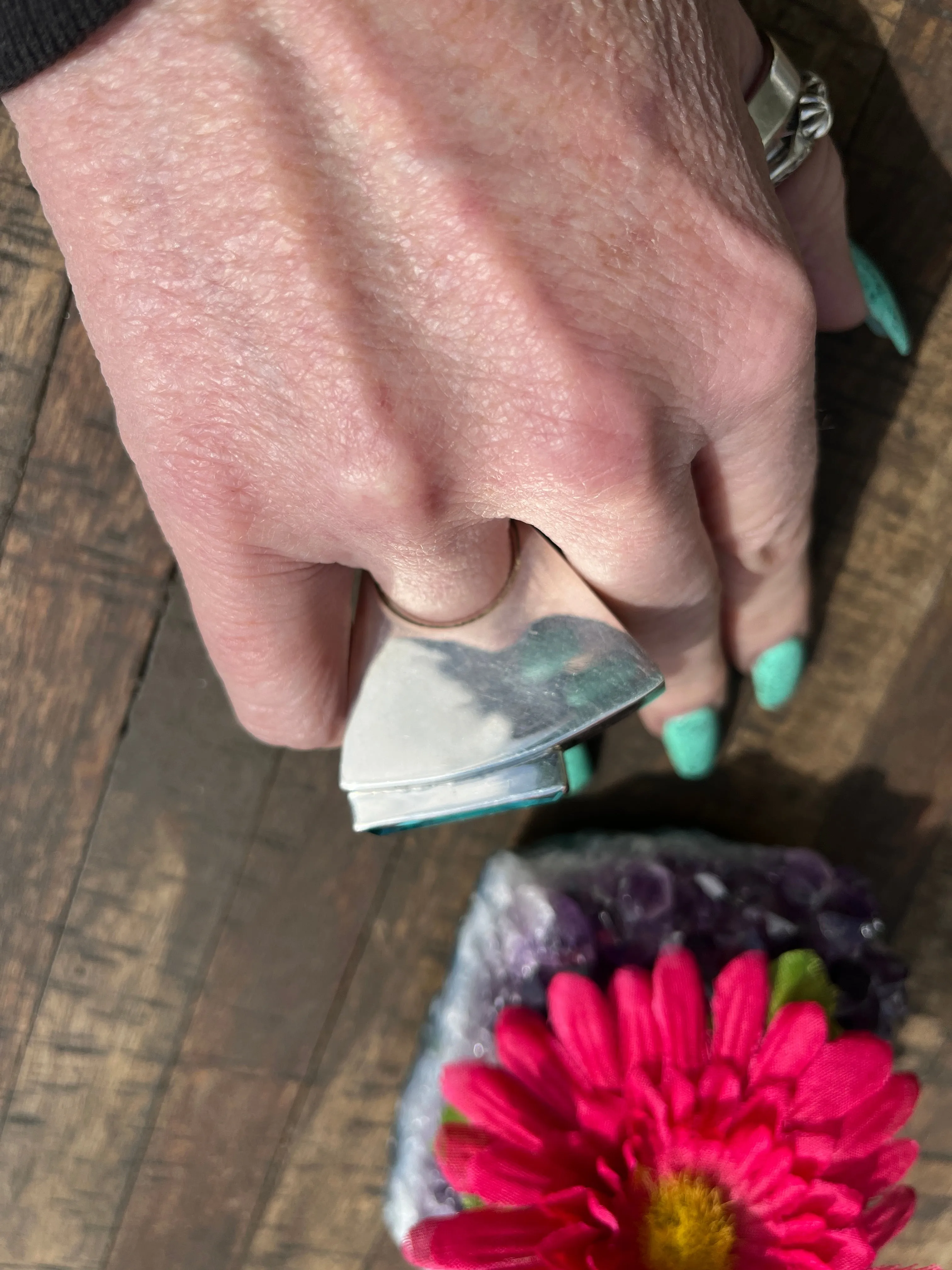 Sterling and Gemstone Pyramid Ring Sz 8